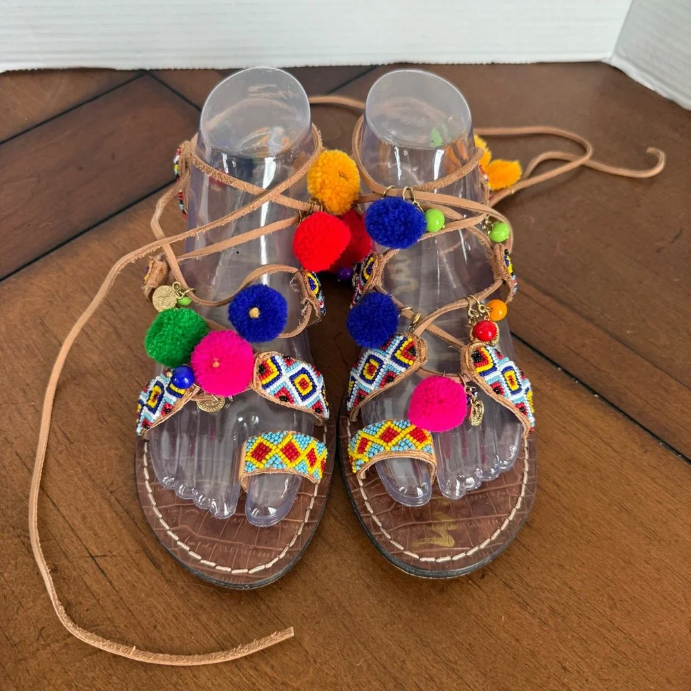 Sam‎ Edelman Lisabeth 9 Lace Up Beaded PomPom Colorful Summer Spring Sandals